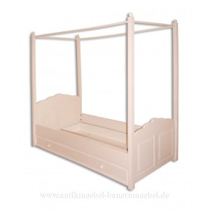 Babybett mit Himmel, Himmelbett 90x200 massiv weiß Landhausstil Vollholz Fichte Schubladenbett mit